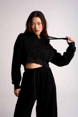 Rise Cropped Hoodie - Black Obsidian