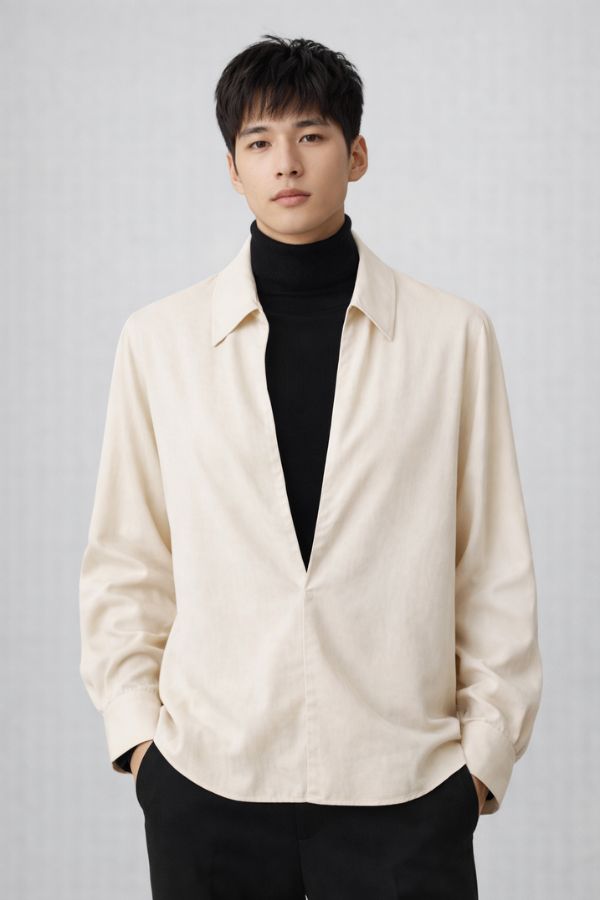 Man wearing a oat colour drop v-neck like shirt over a black turtleneck on a plain background