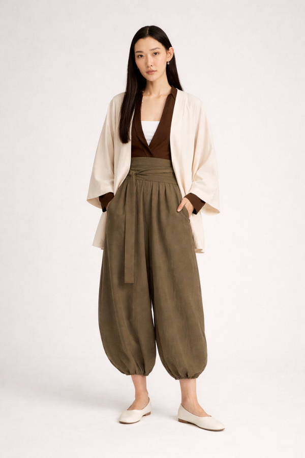Woman wearing a Japanese style kimono Cocoon Jacket in Oat White