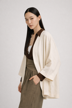 Woman wearing a Japanese style kimono Cocoon Jacket in Oat White