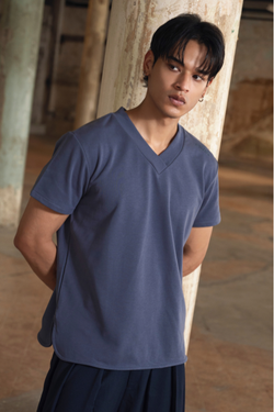Finix Juban V-neck T-shirt in Shadow Blue – front view