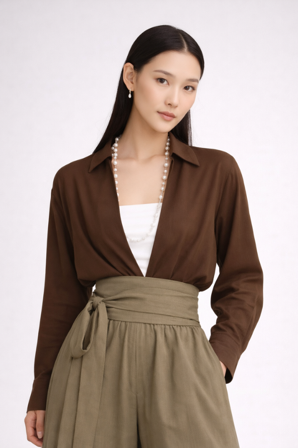 Woman wearing a brown drop-V neckline, relaxed loose-fit long-sleeve top paired with moss-green tobi pants.