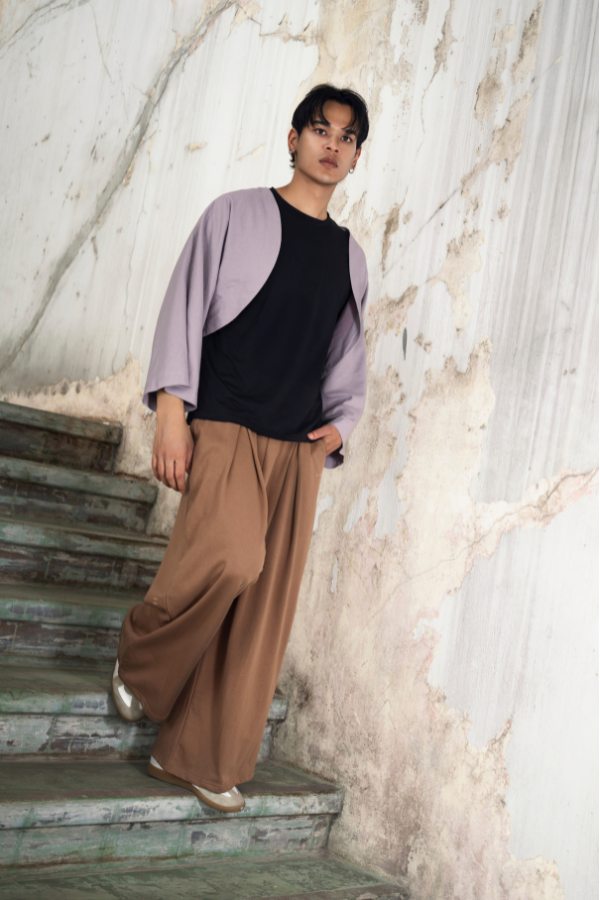 Finix FLOW Box Pleat Wide Leg Joggers in Mocha Brown – front view, model walking.
