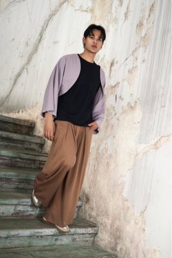 Finix FLOW Box Pleat Wide Leg Joggers in Mocha Brown – front view, model walking.