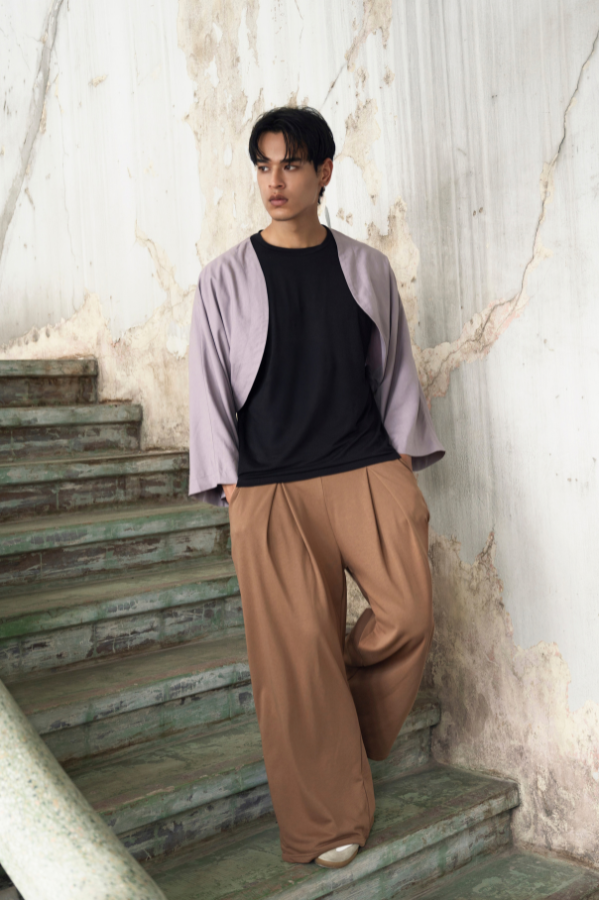 Finix FLOW Box Pleat Wide Leg Joggers in Mocha Brown – front view, model walking.