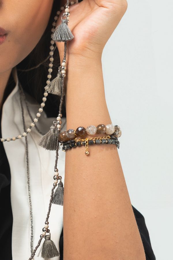 Gemstones, Bracelet, Bracelet Bundle, Handcrafted, Artisanal, Made in Bali, Gender Neutral, Accessories, Jewelry, Layered Jewelry, Grey, Women's Jewellery