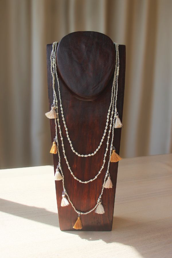 Necklace, Artisanal, Layered Necklace, Tassel, Made in Bali, Handcrafted, Beaded, White