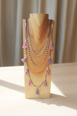 Necklace, Artisanal, Layered Necklace, Tassel, Made in Bali, Handcrafted, Beaded, Purple, Pink