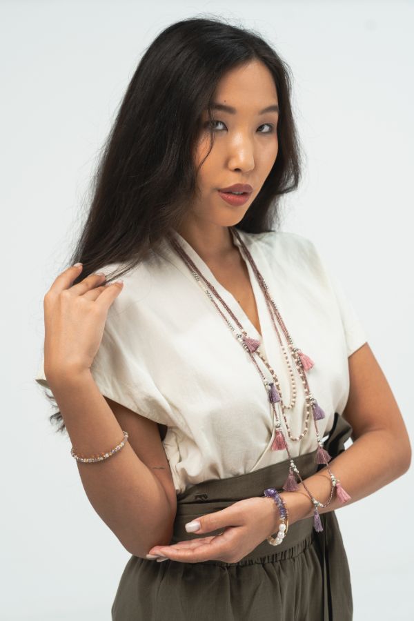 Necklace, Artisanal, Layered Necklace, Tassel, Made in Bali, Handcrafted, Beaded, Purple, Pink, Unisex Jewellery