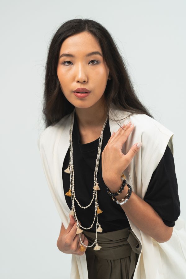 Necklace, Artisanal, Layered Necklace, Tassel, Made in Bali, Handcrafted, Beaded, White, Unisex Jewellery