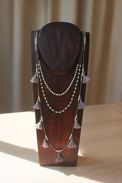 Necklace, Artisanal, Layered Necklace, Tassel, Made in Bali, Handcrafted, Beaded, Grey