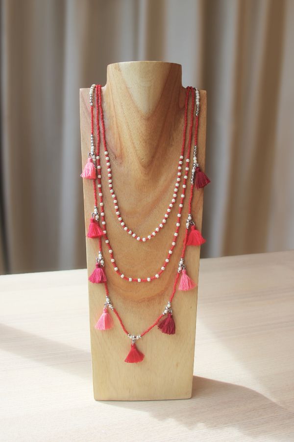 Necklace, Artisanal, Layered Necklace, Tassel, Made in Bali, Handcrafted, Beaded, Red