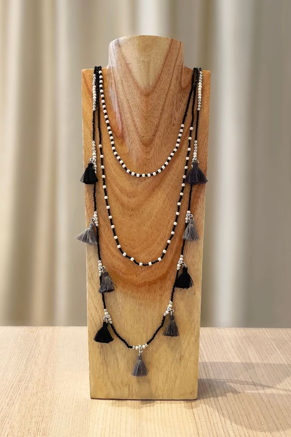 Necklace, Artisanal, Layered Necklace, Tassel, Made in Bali, Handcrafted, Beaded, Black