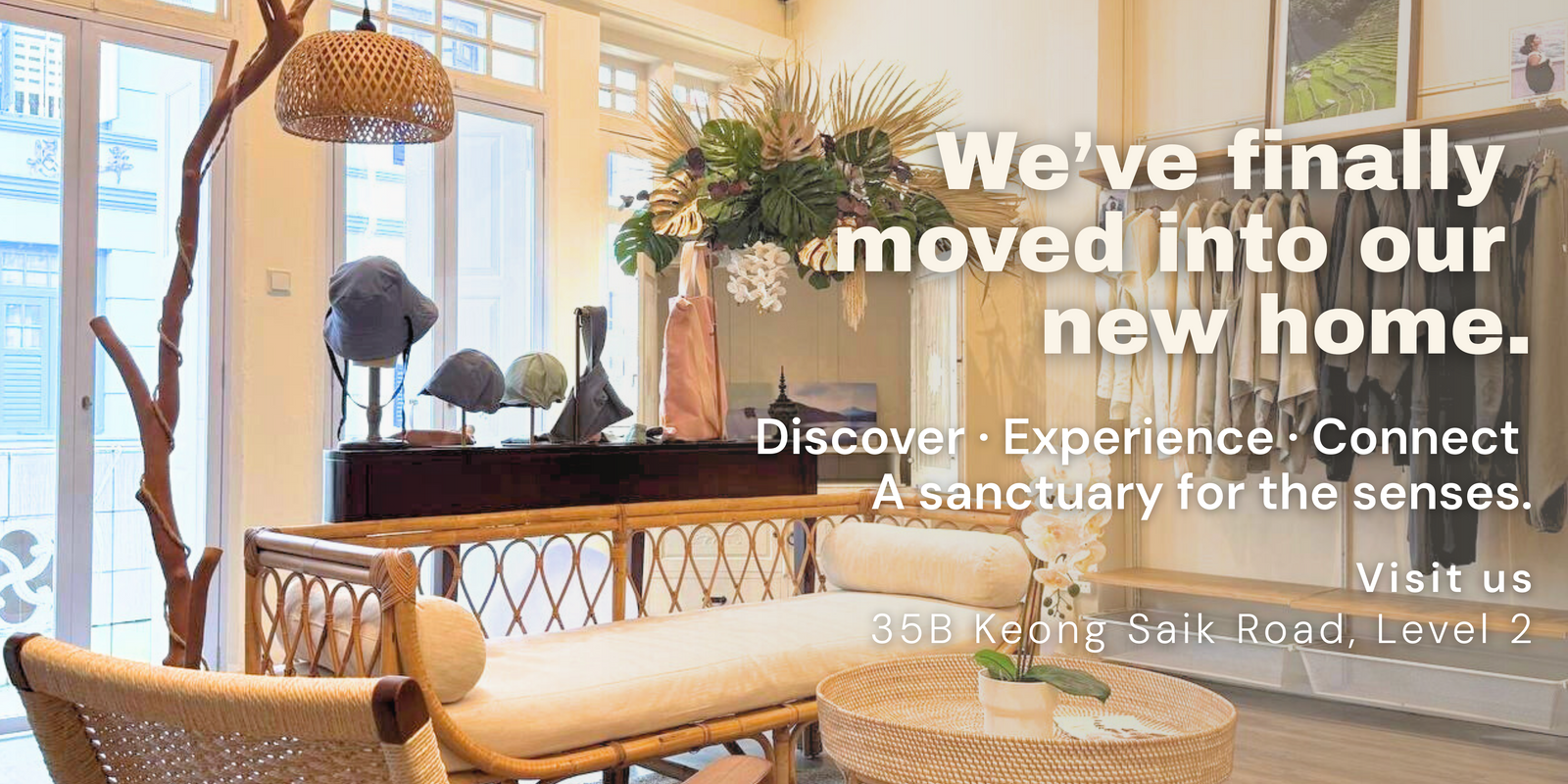 Finix new flagship boutique - modern sanctuary with a wabi-sabi and balinese, southeast asian vibe, furniture and text about moving in the brand's new home.